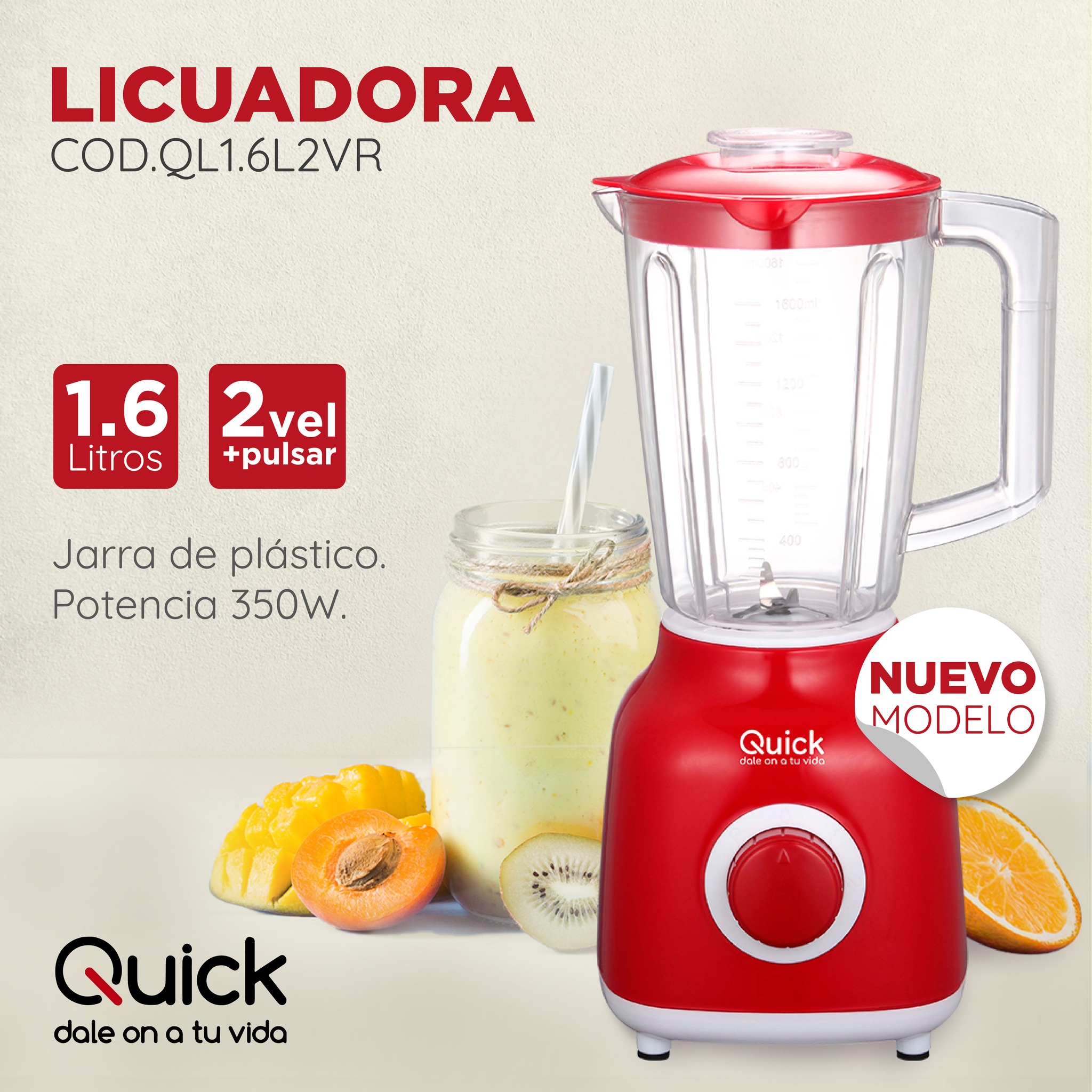 LICUADORA QUICK 1.6 LTS ROJO 360W JARRA PLASTICO ROJO-QL1.6L2VR